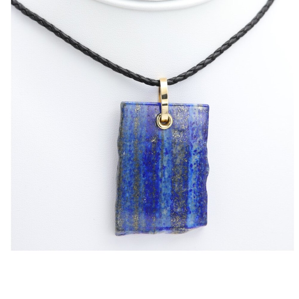 Lapis Lazuli Necklace Natural Stone Pendant 14K Yellow Gold Silver & Leather